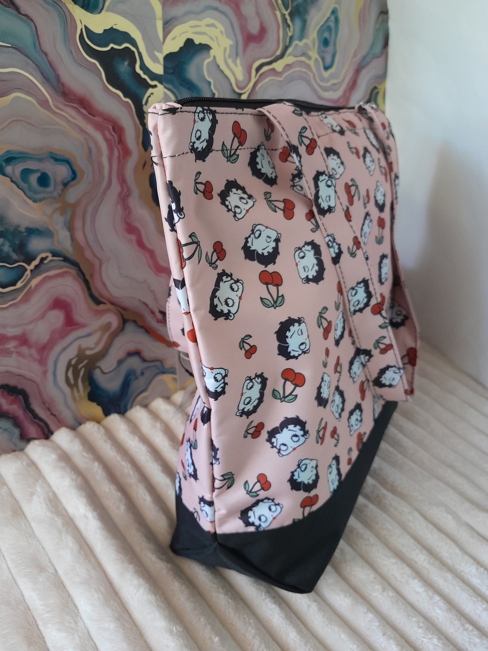 2 Piece Betty Boop Cherry Print Shoulder Tote With Attached Pouch Bag Pink Black - Picture 6 of 10